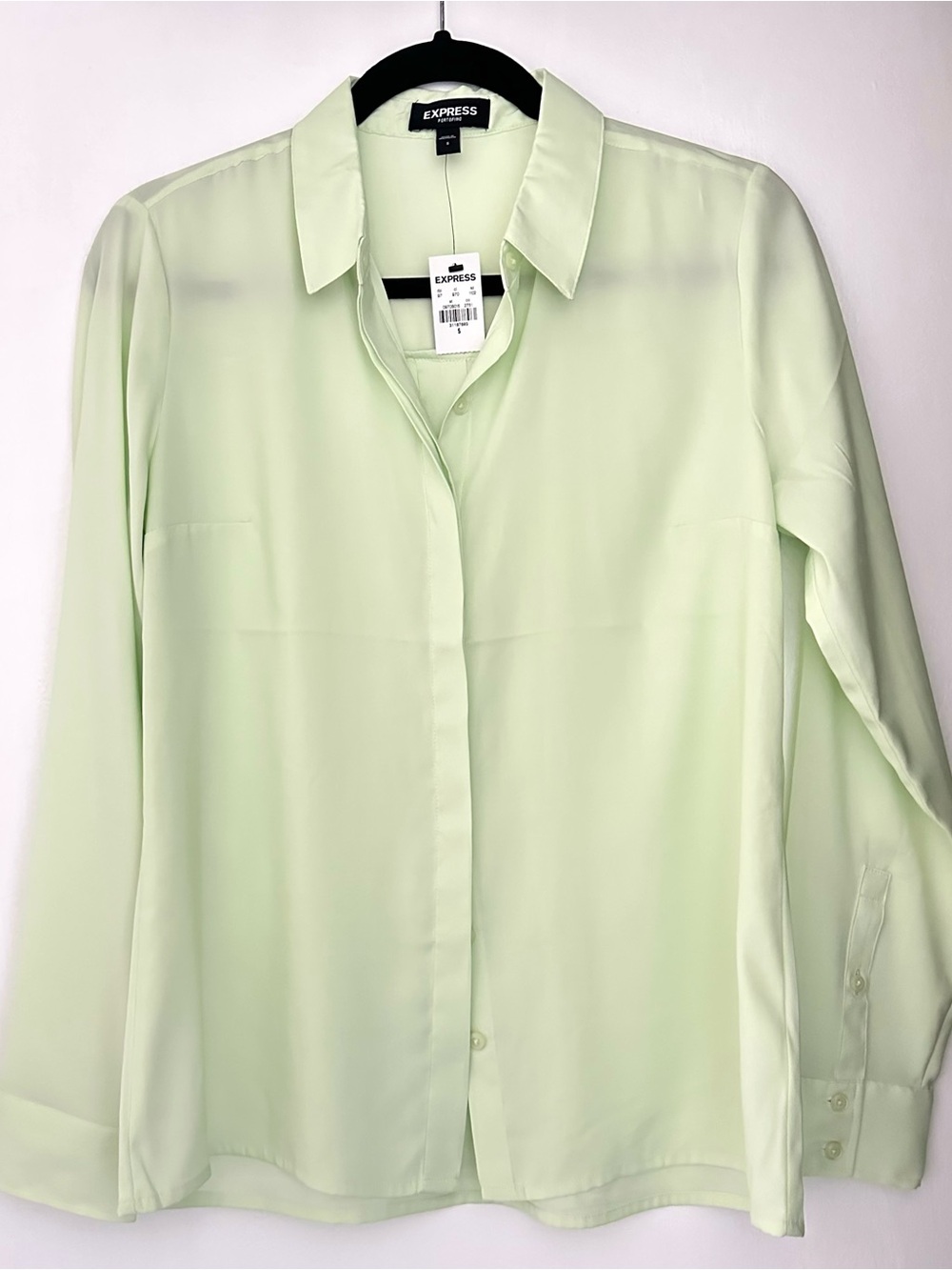 NWT Express Conscious Edit Satin Soft Green Portofino LongSleeve ButtonUp Shirt